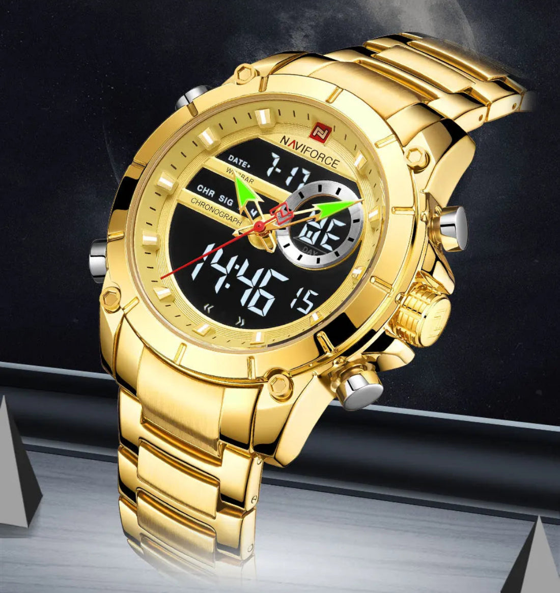 Relógio Masculino NAVIFORCE NF9163 Dual Display Aço Inoxidável 44 mm