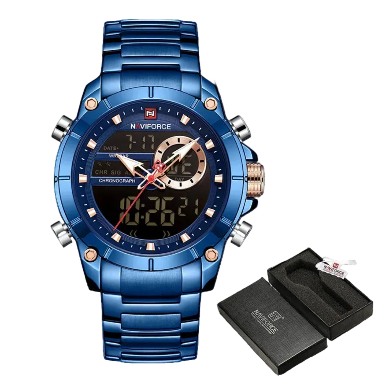 Relógio Masculino NAVIFORCE NF9163 Dual Display Aço Inoxidável 44 mm