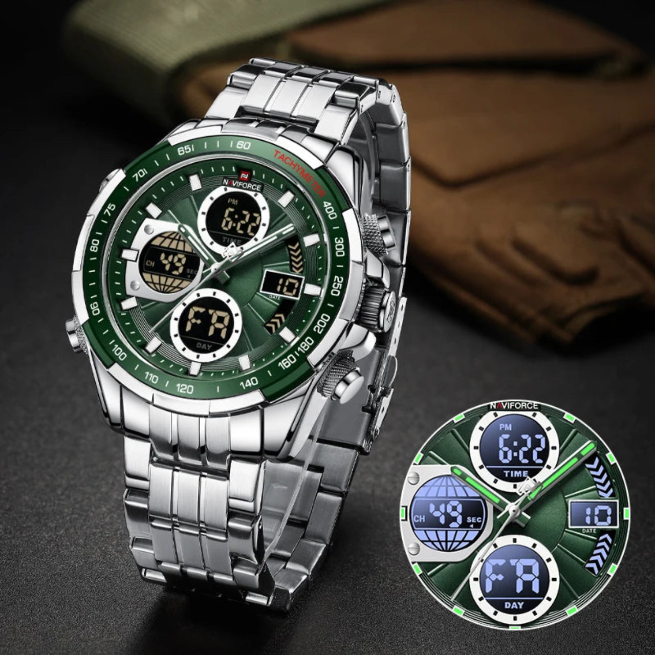 Relógio Masculino Naviforce NF9197S Dual Display Aço Inoxidável Sport