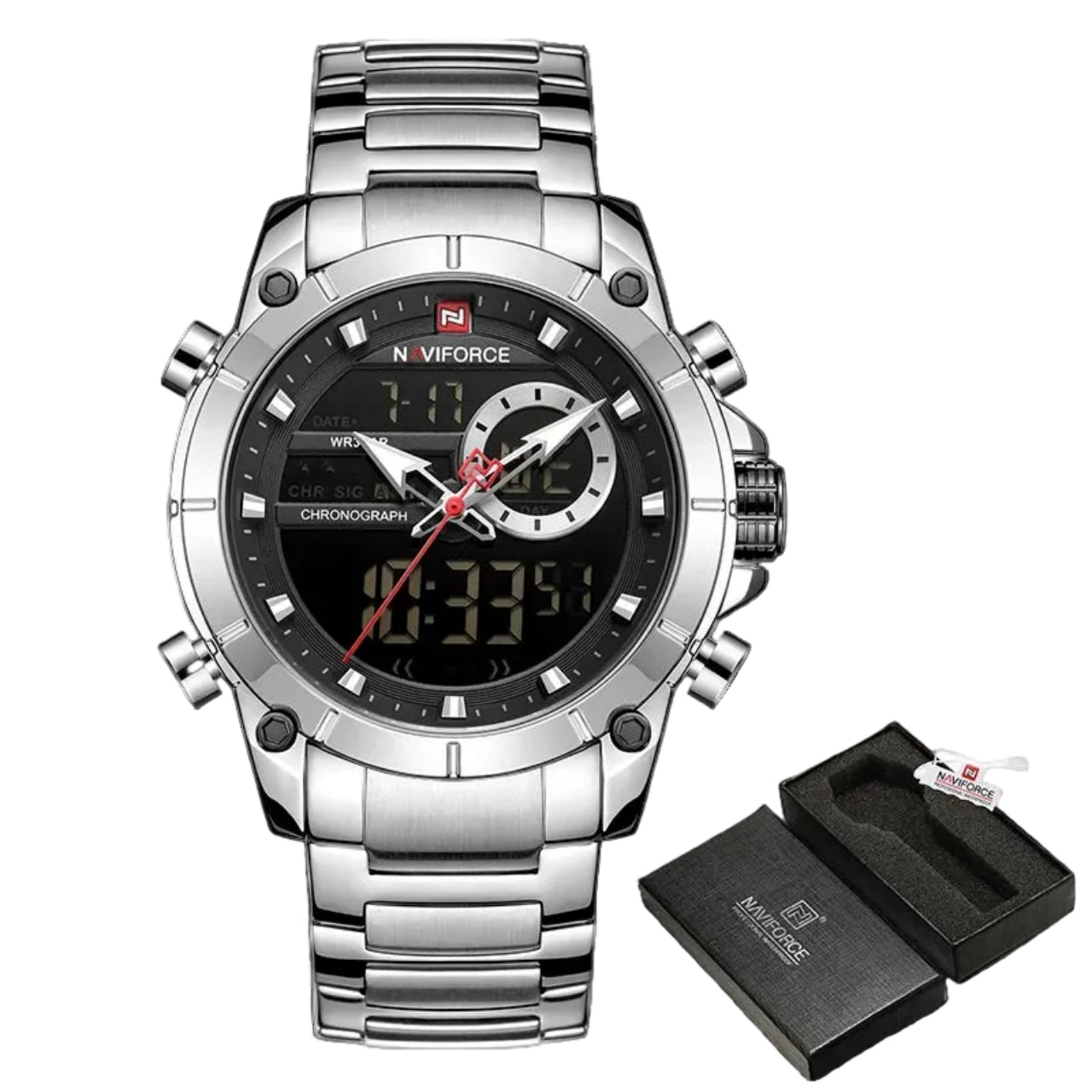 Relógio Masculino NAVIFORCE NF9163 Dual Display Aço Inoxidável 44 mm