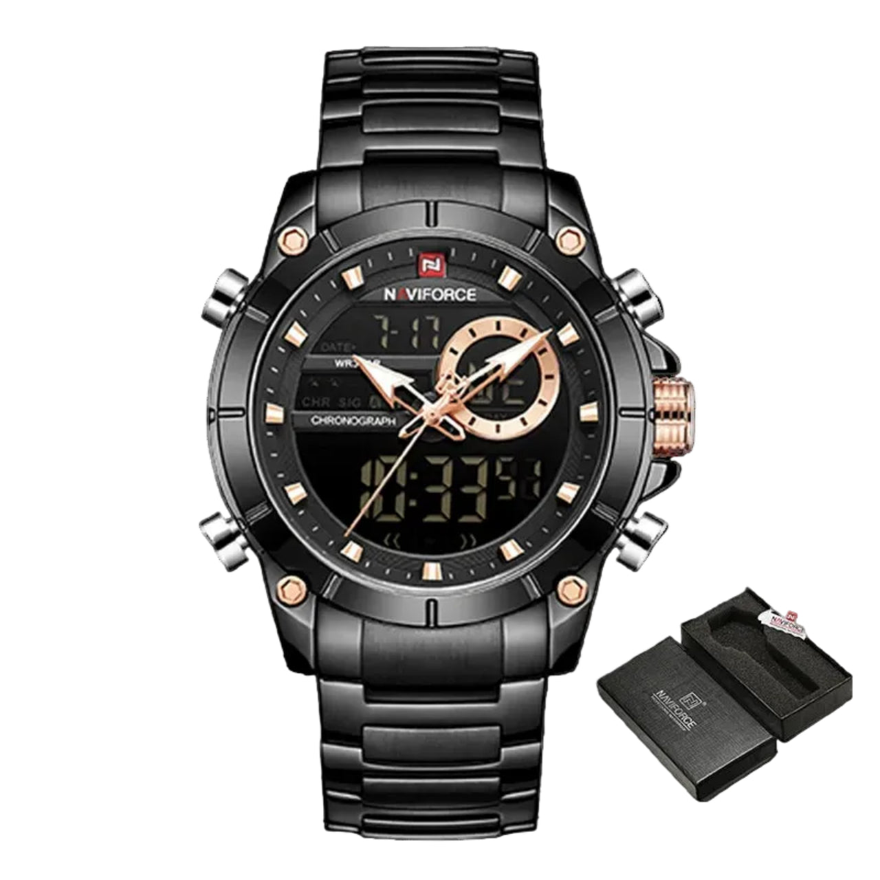 Relógio Masculino NAVIFORCE NF9163 Dual Display Aço Inoxidável 44 mm