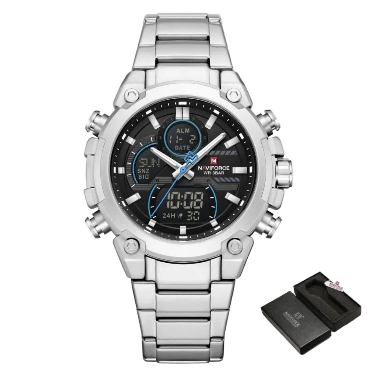 Relógio Masculino Naviforce NF9278 Dual Display Aço Inoxidável Luxo