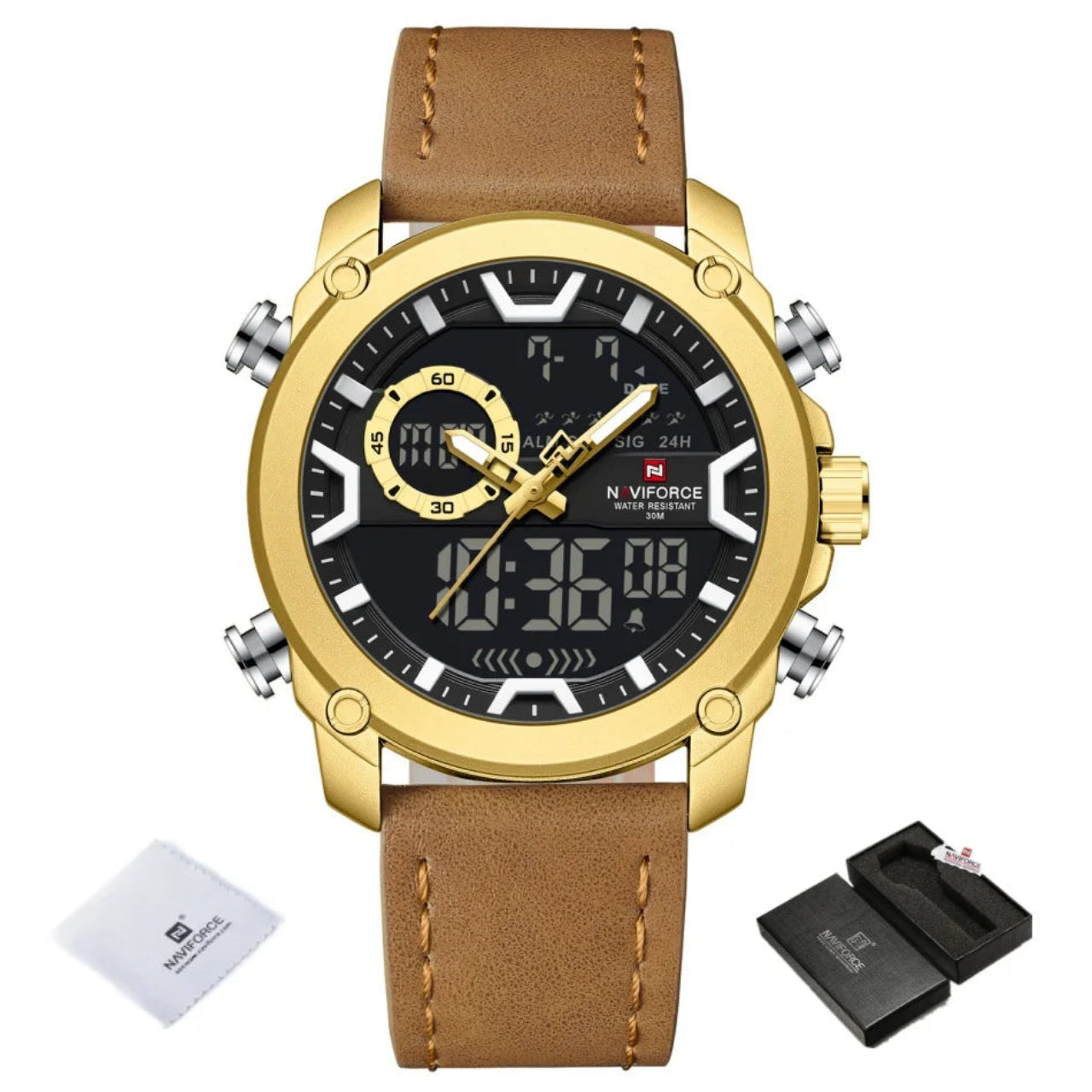 Relógio Masculino NAVIFORCE Dual Display Couro 47 mm LED