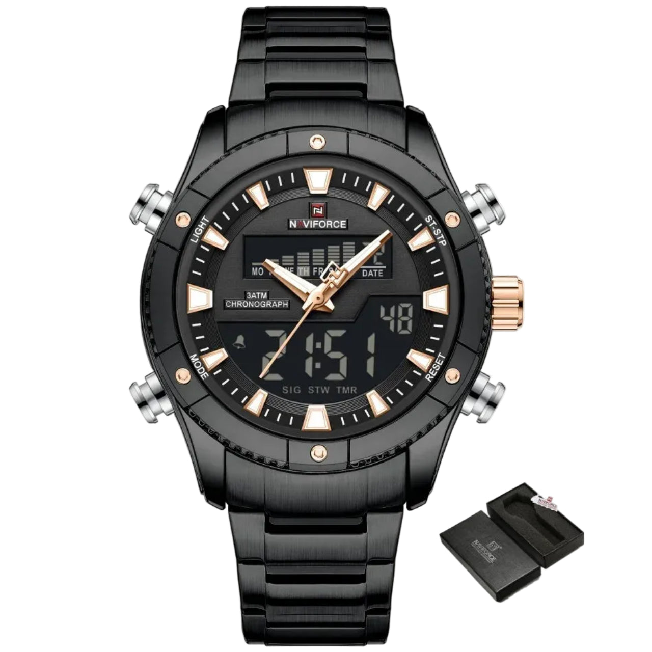 Relógio Masculino Naviforce NF9259 Dual Display Aço Inoxidável Sport
