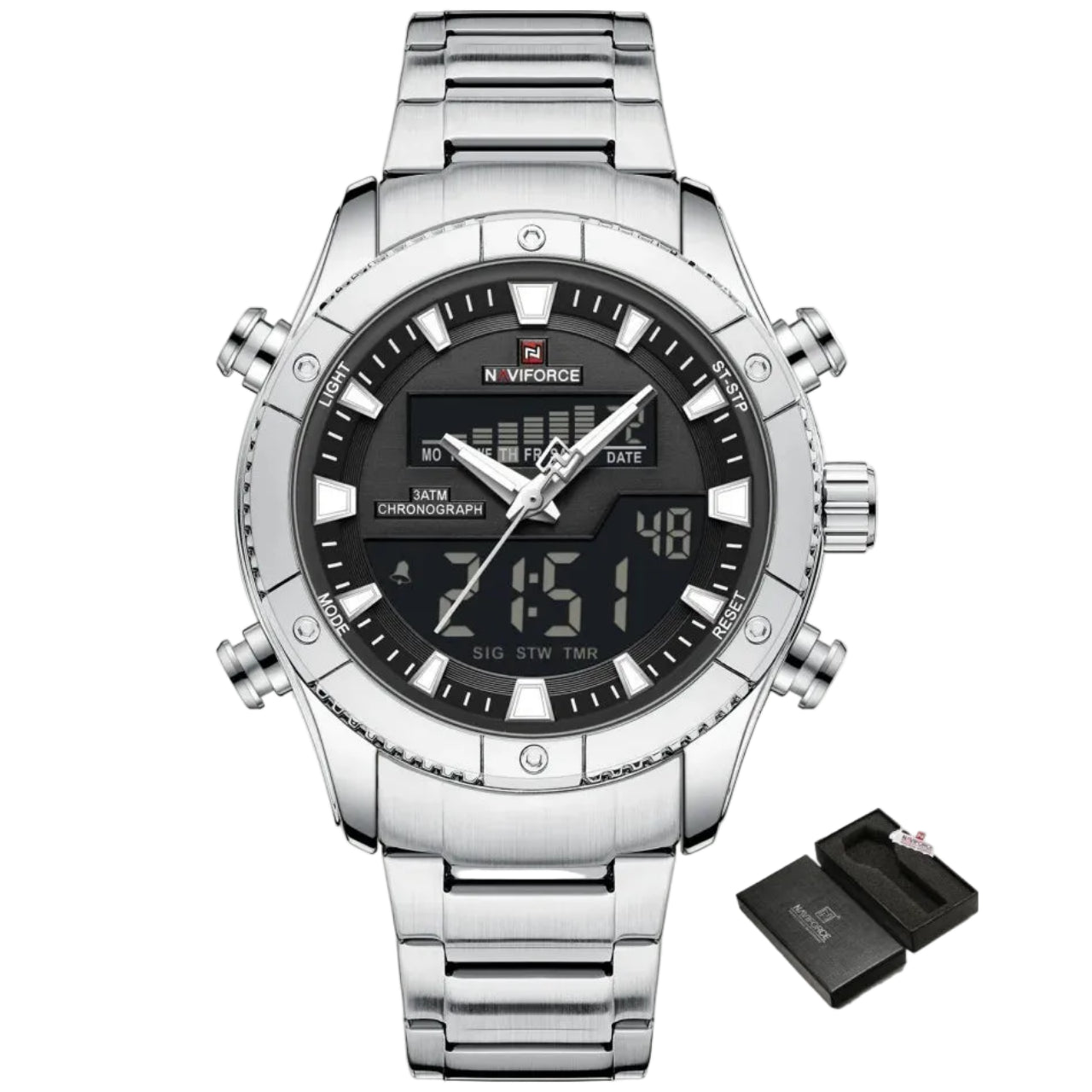 Relógio Masculino Naviforce NF9259 Dual Display Aço Inoxidável Sport