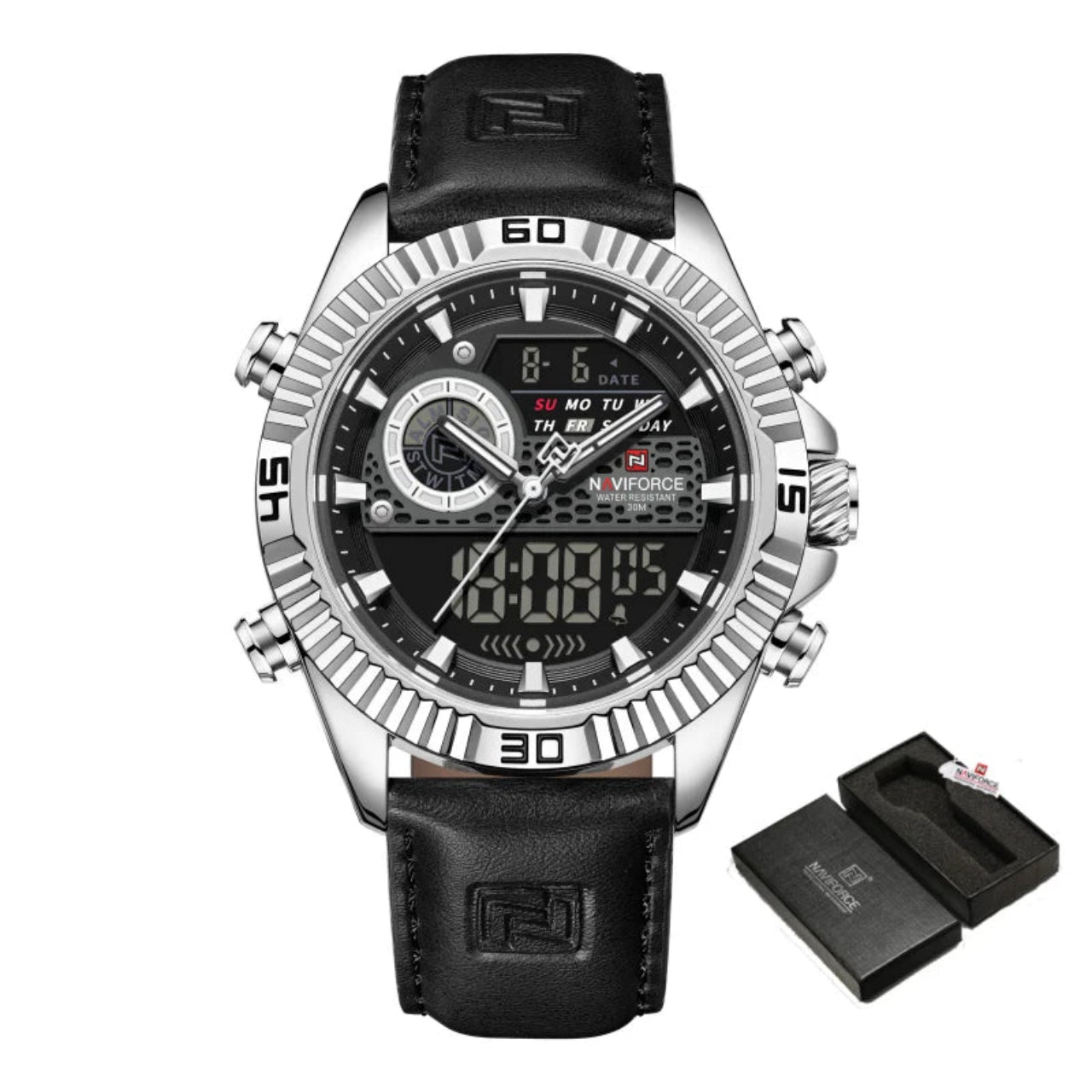Relógio Masculino NAVIFORCE Dual Display Couro 45 mm