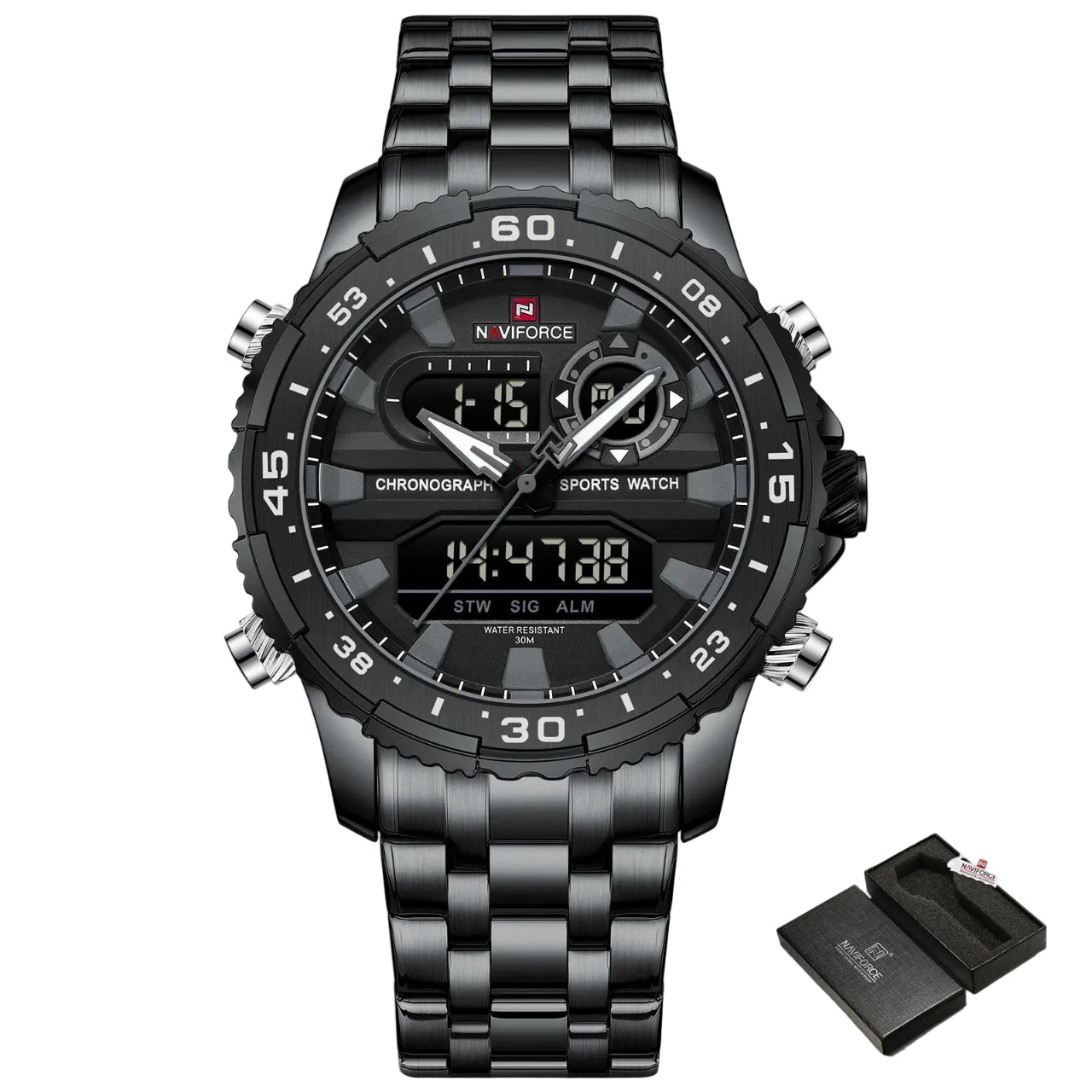 Relógio Masculino Naviforce NF9234 Dual Display Preto e Ouro Luxo