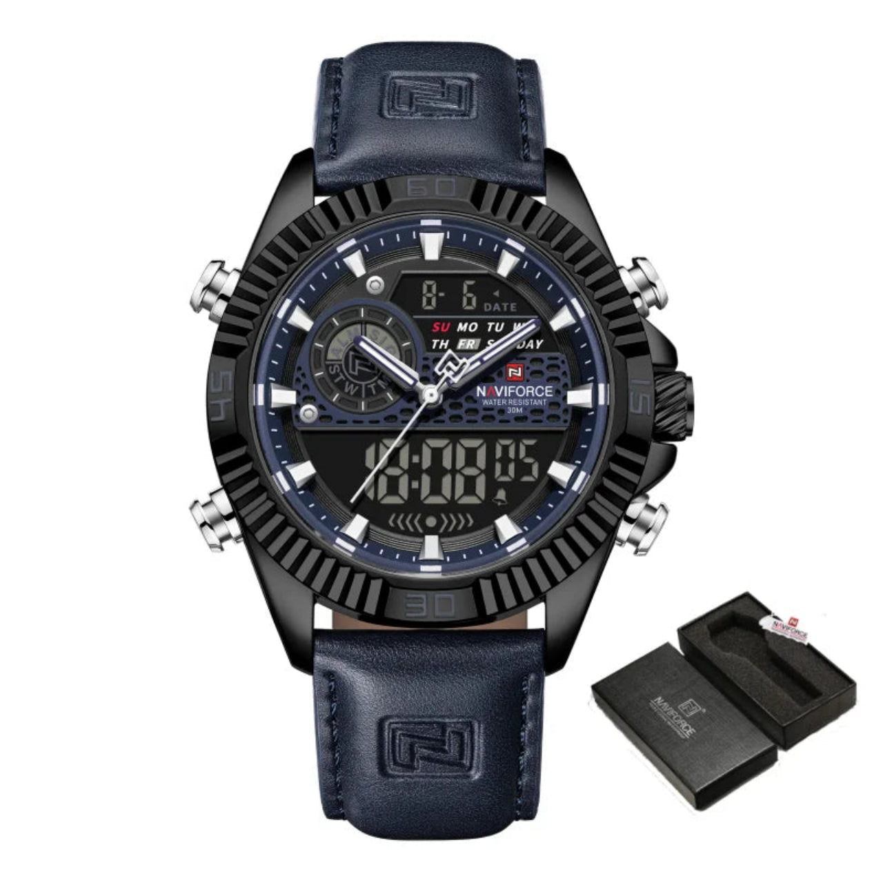 Relógio Masculino NAVIFORCE Dual Display Couro 45 mm