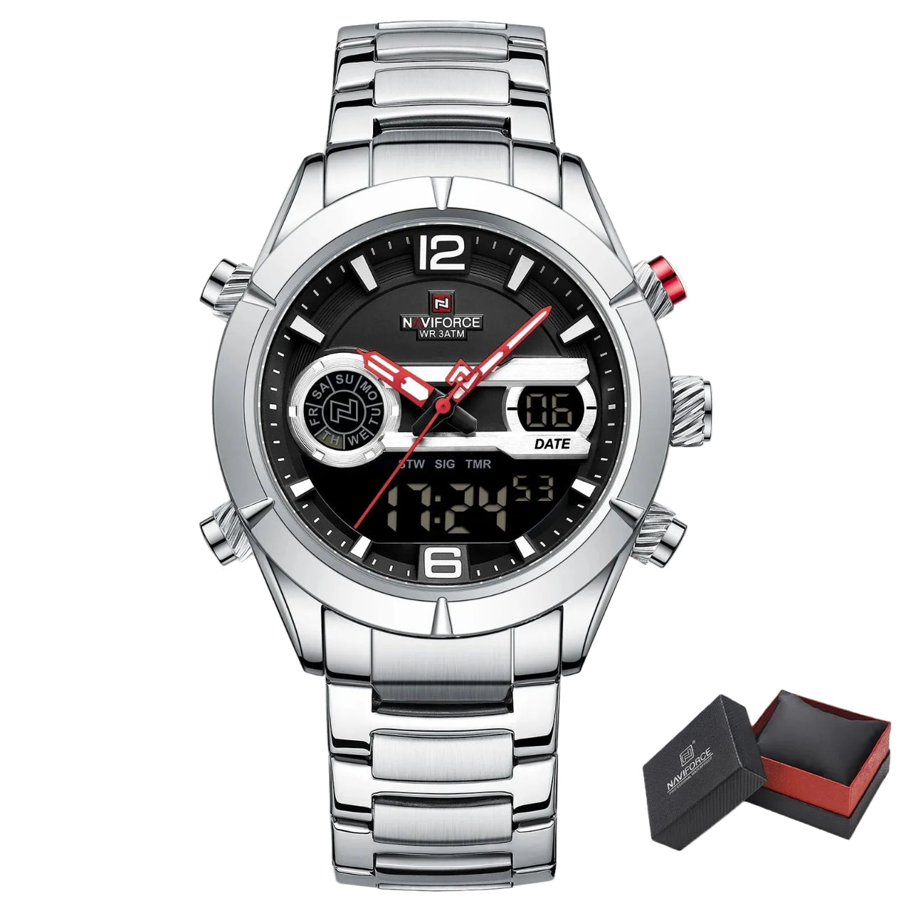 Relógio Masculino NAVIFORCE Quartzo Multifunção Aço Inox 45 mm