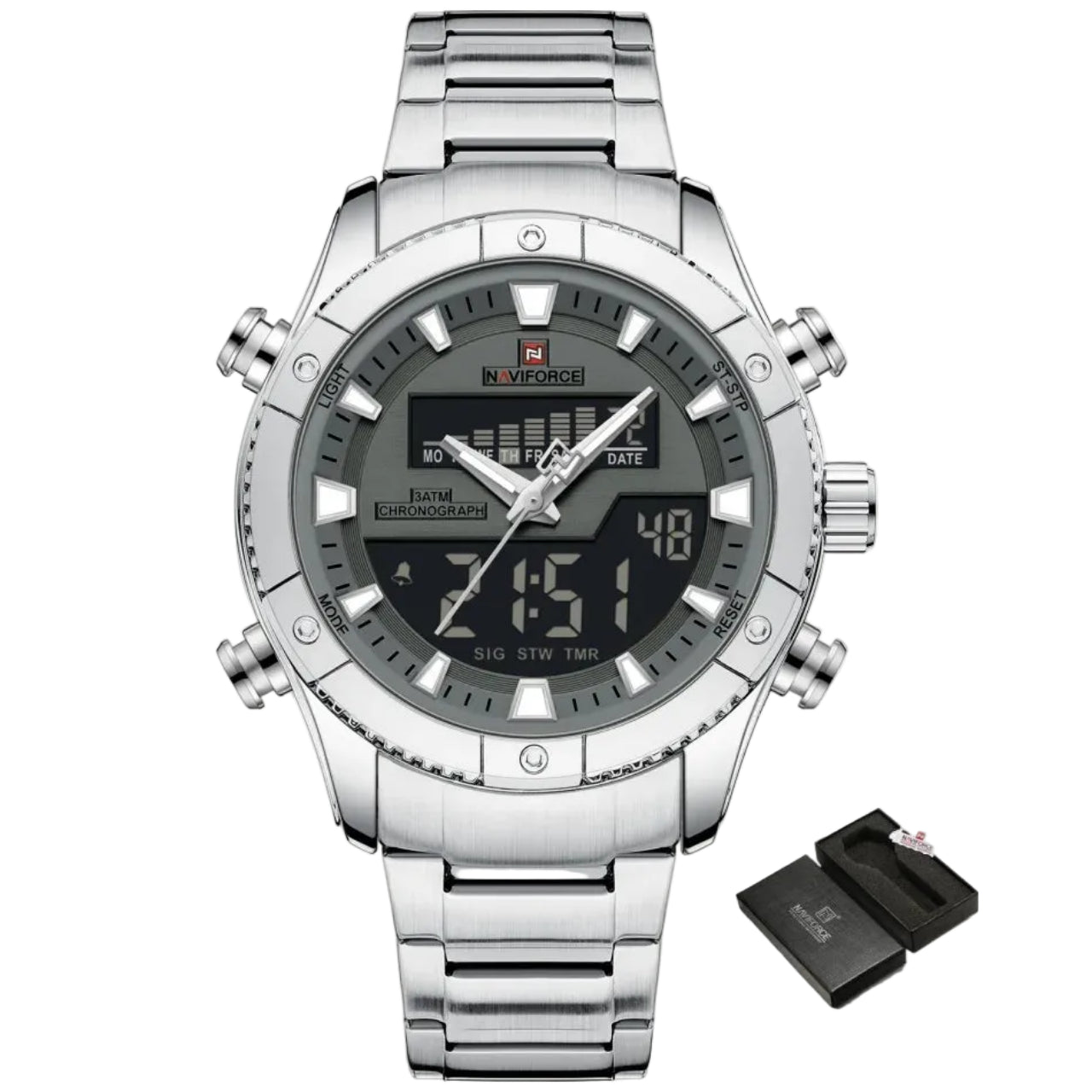 Relógio Masculino Naviforce NF9259 Dual Display Aço Inoxidável Sport