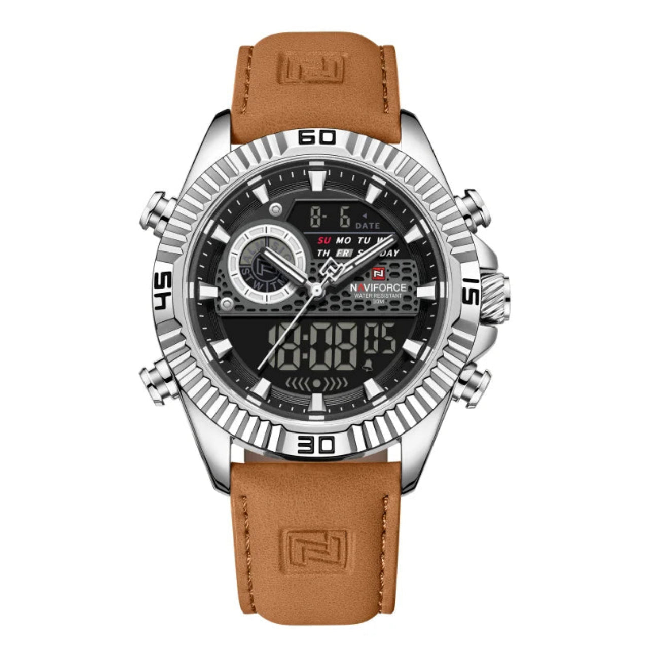 Relógio Masculino NAVIFORCE Dual Display Couro 45 mm