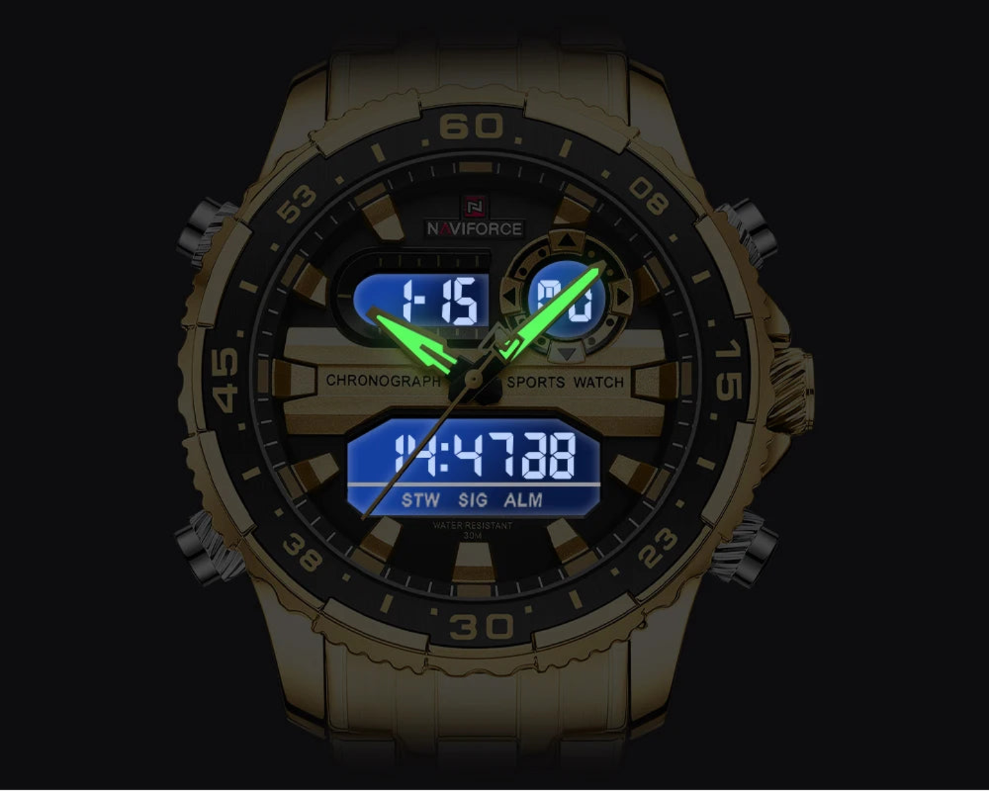 Relógio Masculino Naviforce NF9234 Dual Display Preto e Ouro Luxo