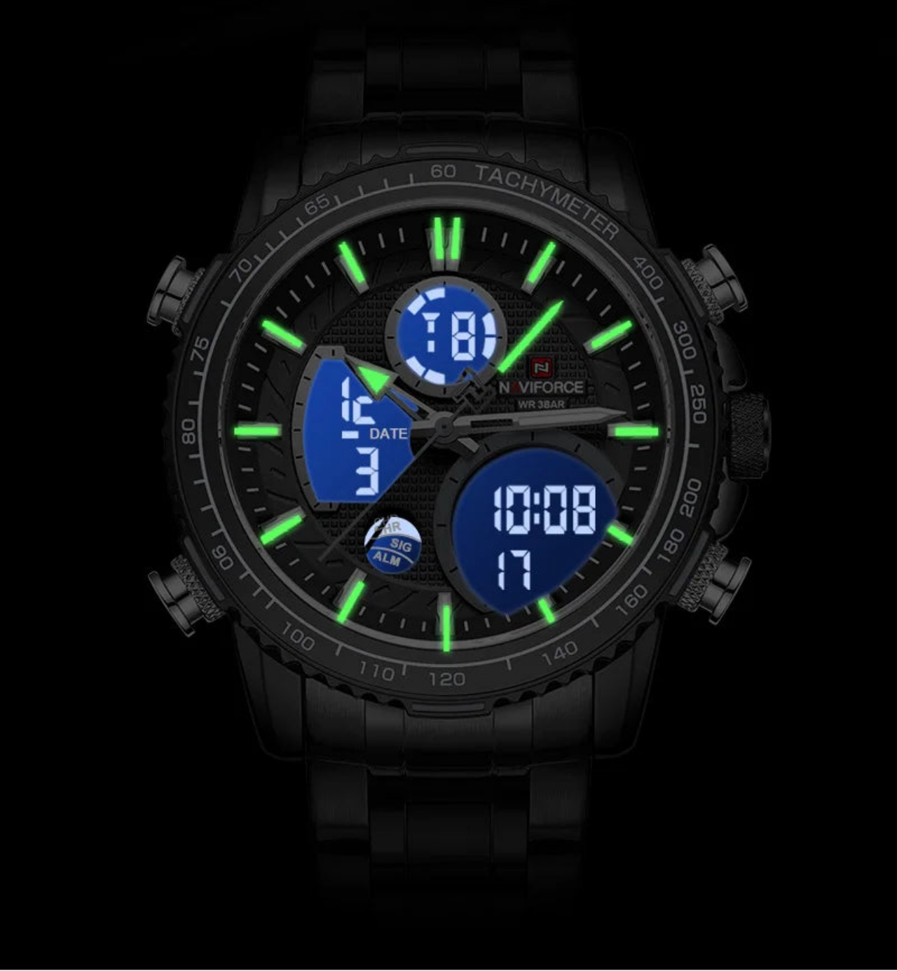 Relógio Masculino NAVIFORCE Dual Display Aço Inox 46 mm 3 ATM