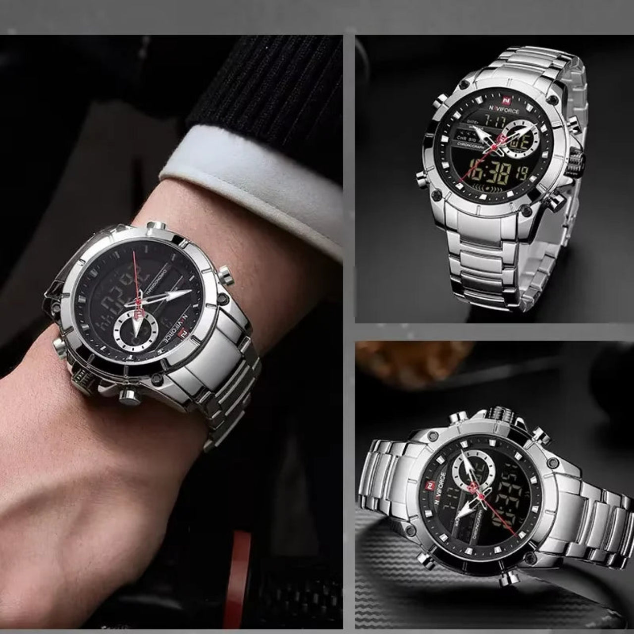 Relógio Masculino NAVIFORCE NF9163 Dual Display Aço Inoxidável 44 mm
