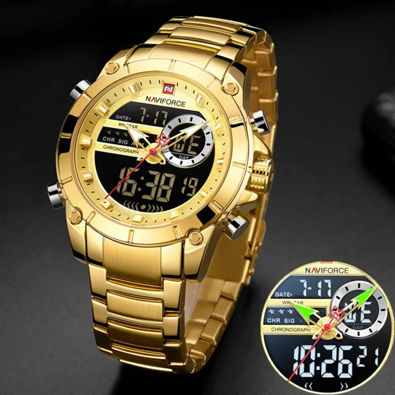 Relógio Masculino NAVIFORCE NF9163 Dual Display Aço Inoxidável 44 mm