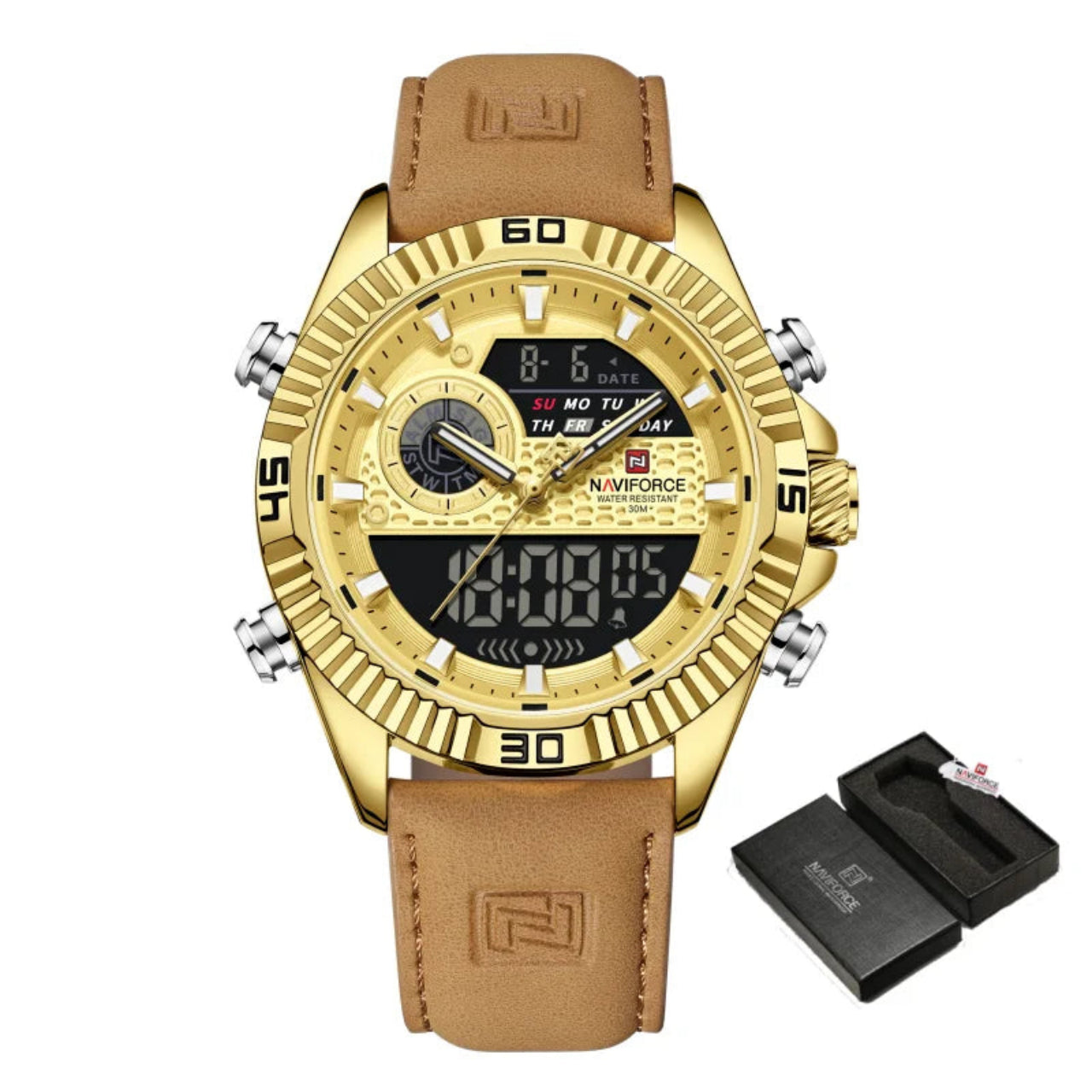Relógio Masculino NAVIFORCE Dual Display Couro 45 mm