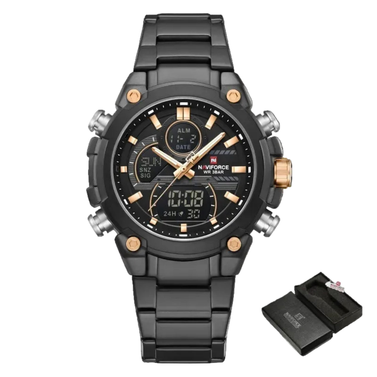 Relógio Masculino Naviforce NF9278 Dual Display Aço Inoxidável Luxo