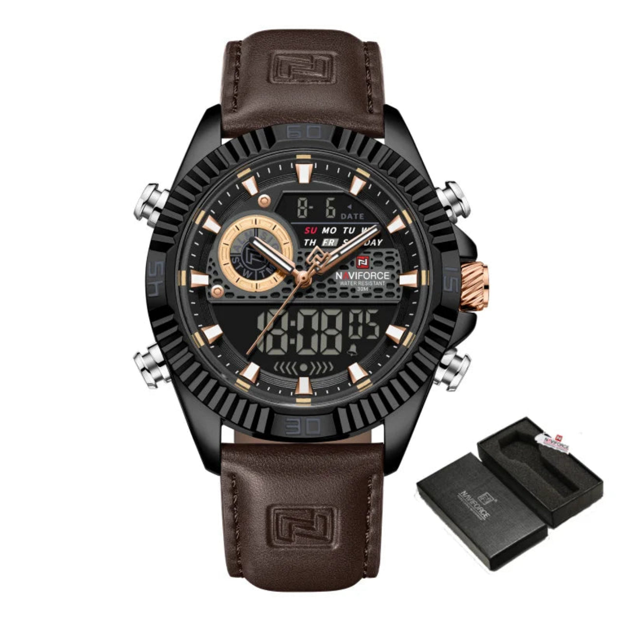 Relógio Masculino NAVIFORCE Dual Display Couro 45 mm