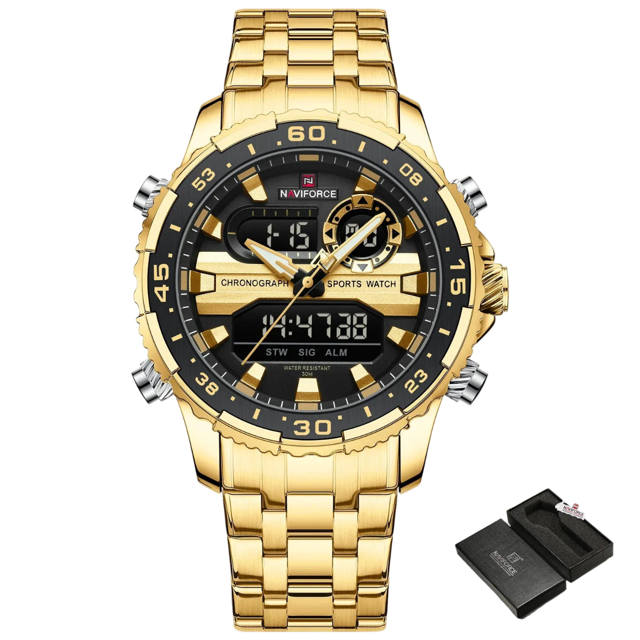 Relógio Masculino Naviforce NF9234 Dual Display Preto e Ouro Luxo