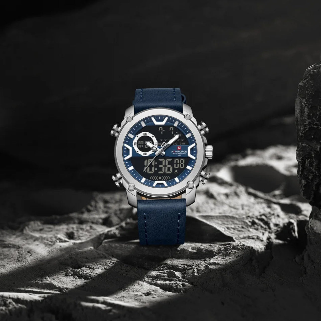Relógio Masculino NAVIFORCE Dual Display Couro 47 mm LED
