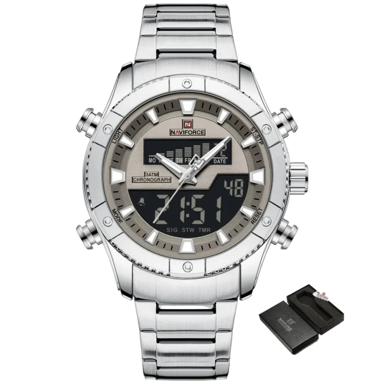 Relógio Masculino Naviforce NF9259 Dual Display Aço Inoxidável Sport
