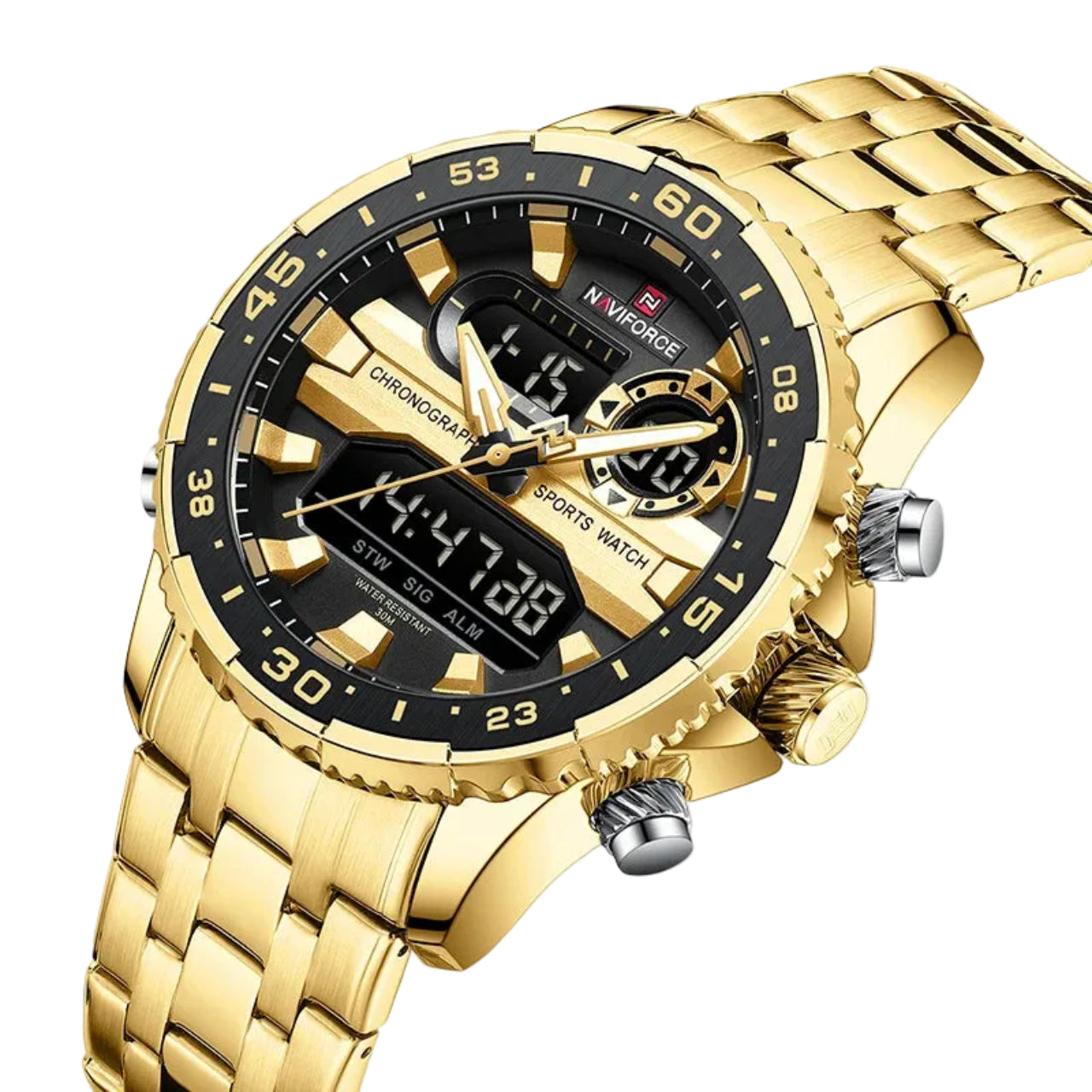 Relógio Masculino Naviforce NF9234 Dual Display Preto e Ouro Luxo