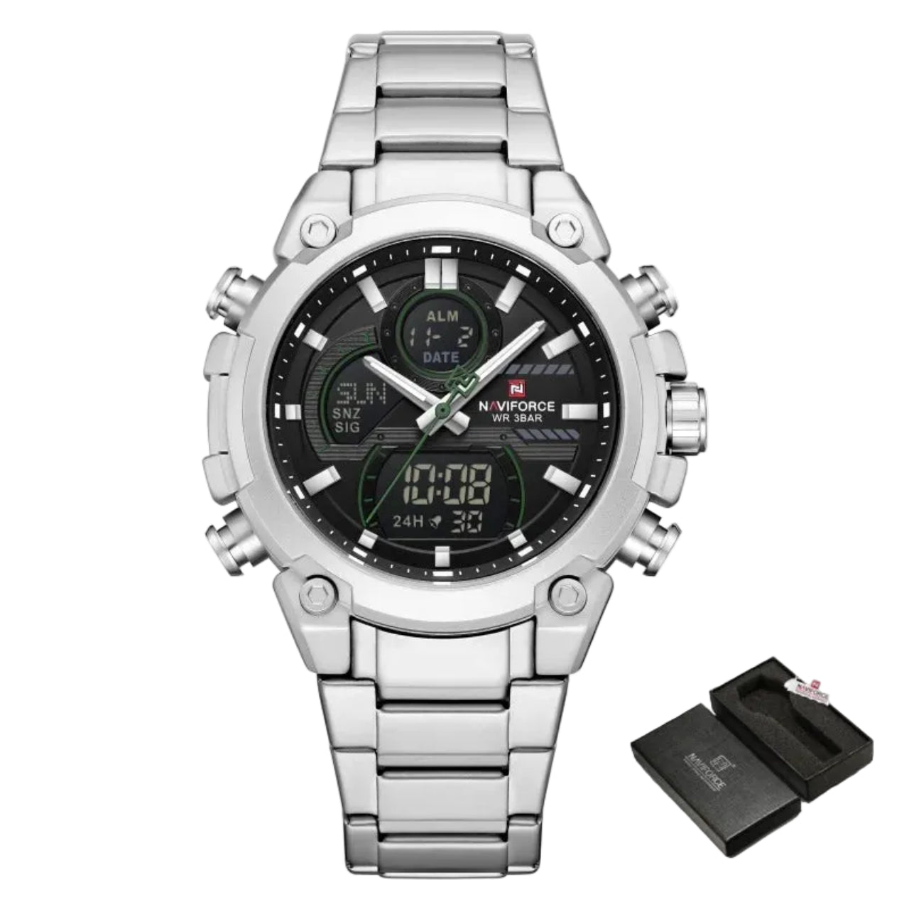 Relógio Masculino Naviforce NF9278 Dual Display Aço Inoxidável Luxo