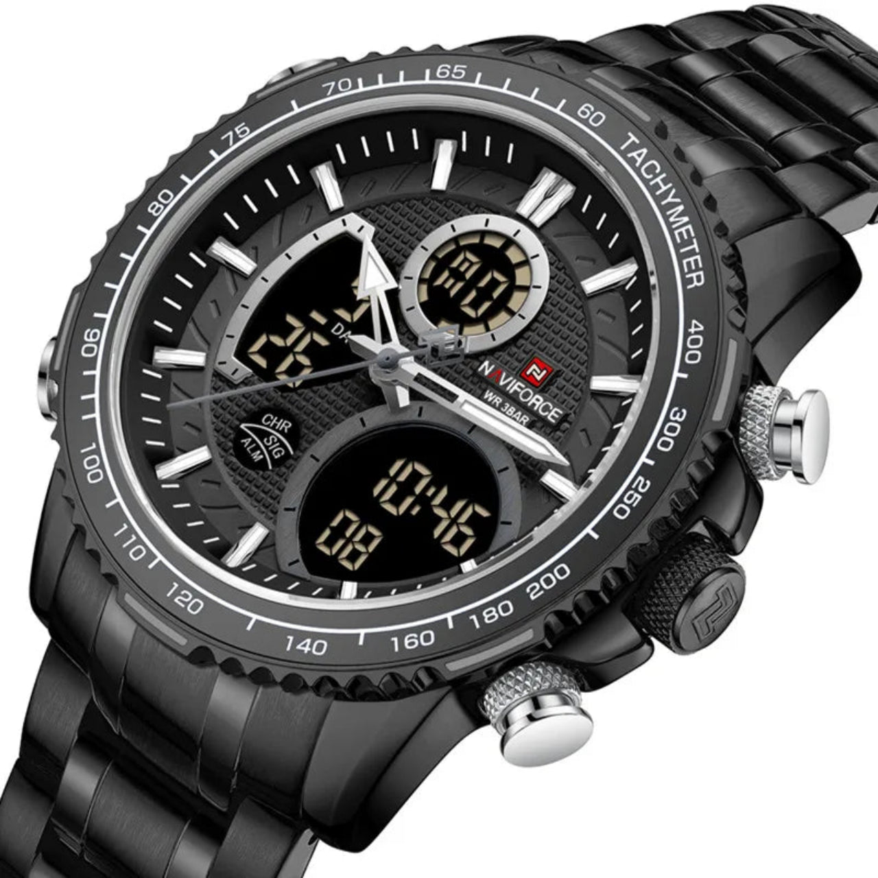 Relógio Masculino NAVIFORCE Dual Display Aço Inox 46 mm 3 ATM