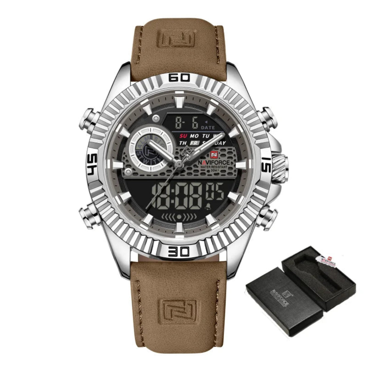 Relógio Masculino NAVIFORCE Dual Display Couro 45 mm