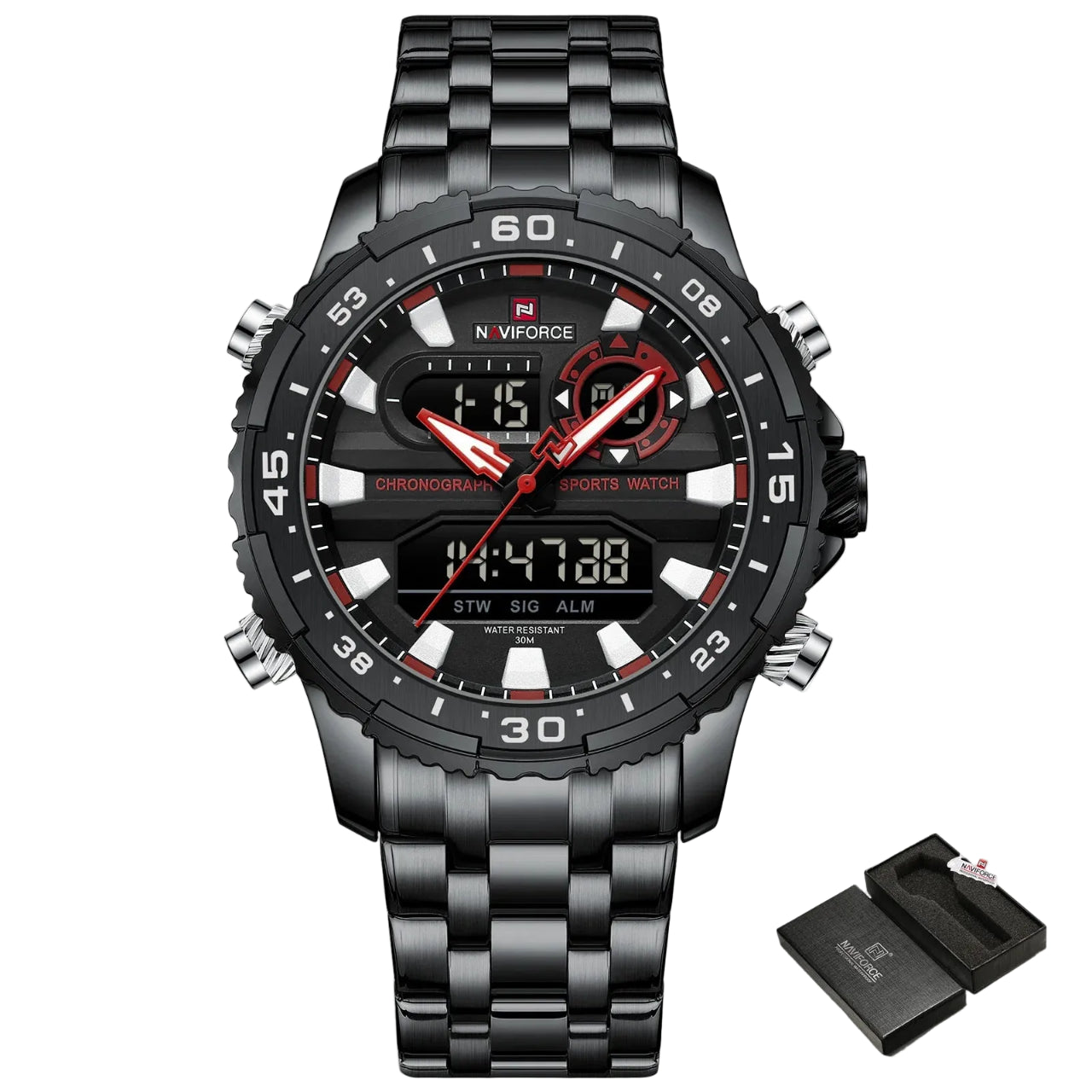 Relógio Masculino Naviforce NF9234 Dual Display Preto e Ouro Luxo