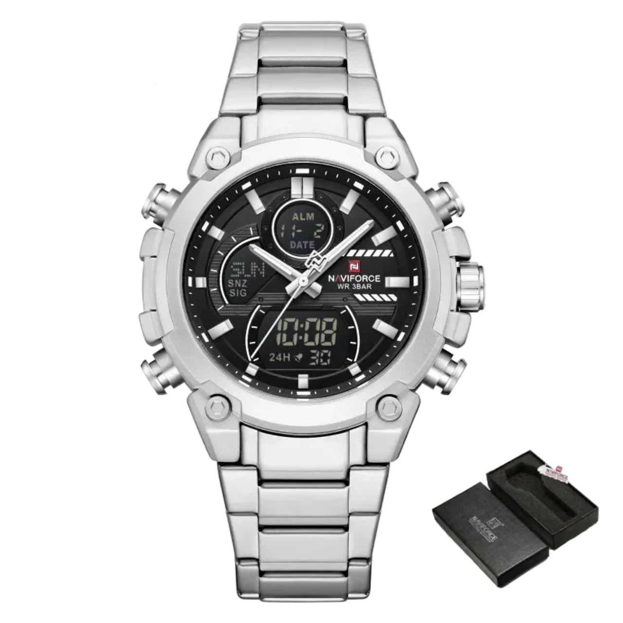 Relógio Masculino Naviforce NF9278 Dual Display Aço Inoxidável Luxo