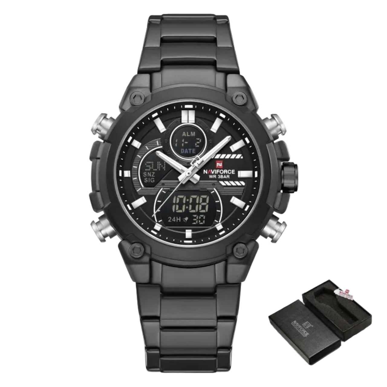 Relógio Masculino Naviforce NF9278 Dual Display Aço Inoxidável Luxo