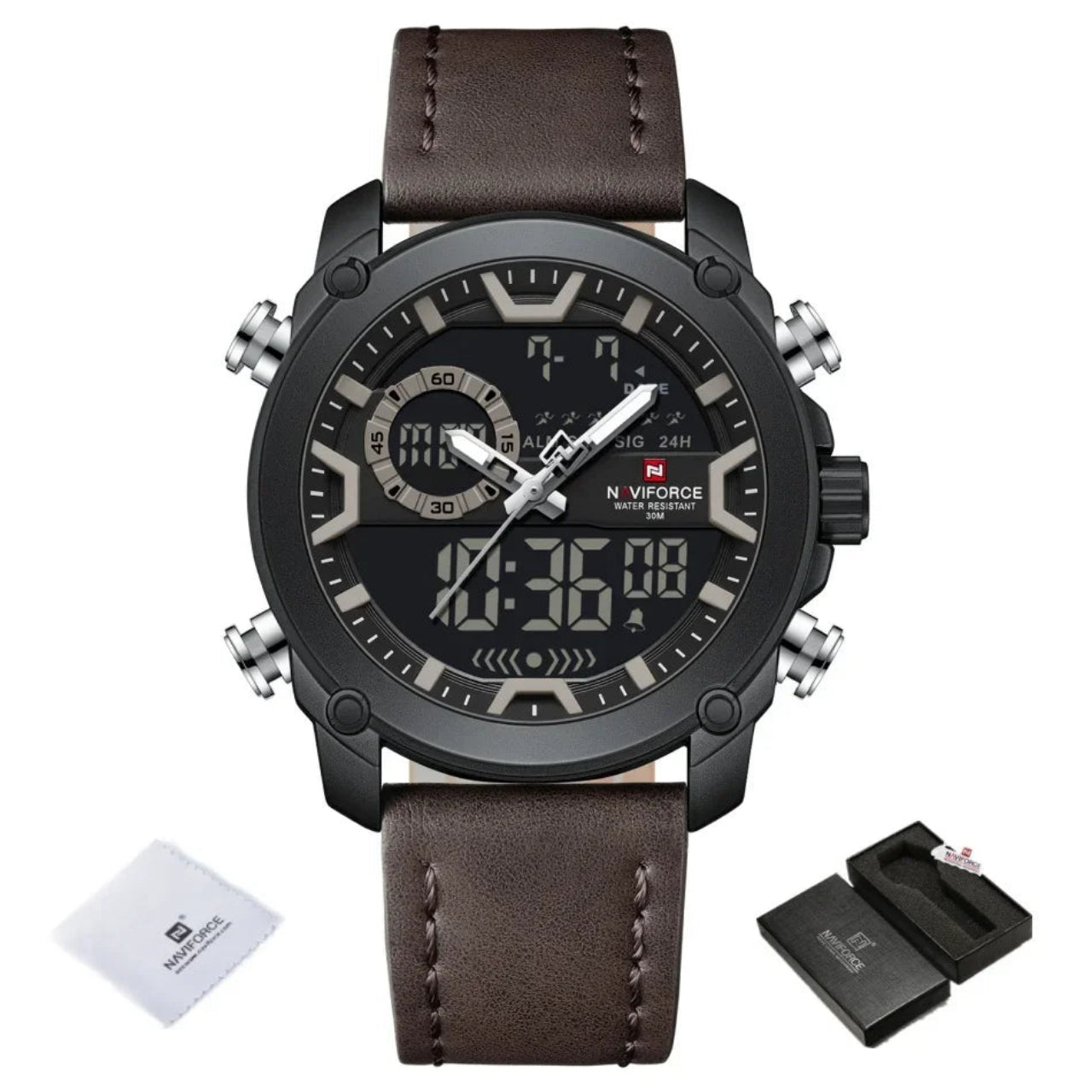 Relógio Masculino NAVIFORCE Dual Display Couro 47 mm LED