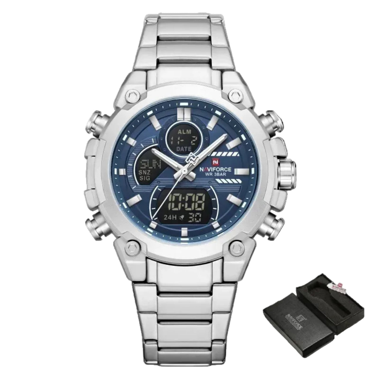 Relógio Masculino Naviforce NF9278 Dual Display Aço Inoxidável Luxo