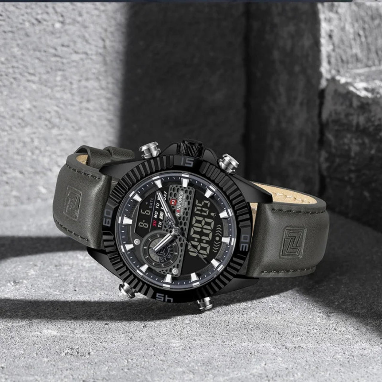 Relógio Masculino NAVIFORCE NF9262L Dual Display Couro 45 mm