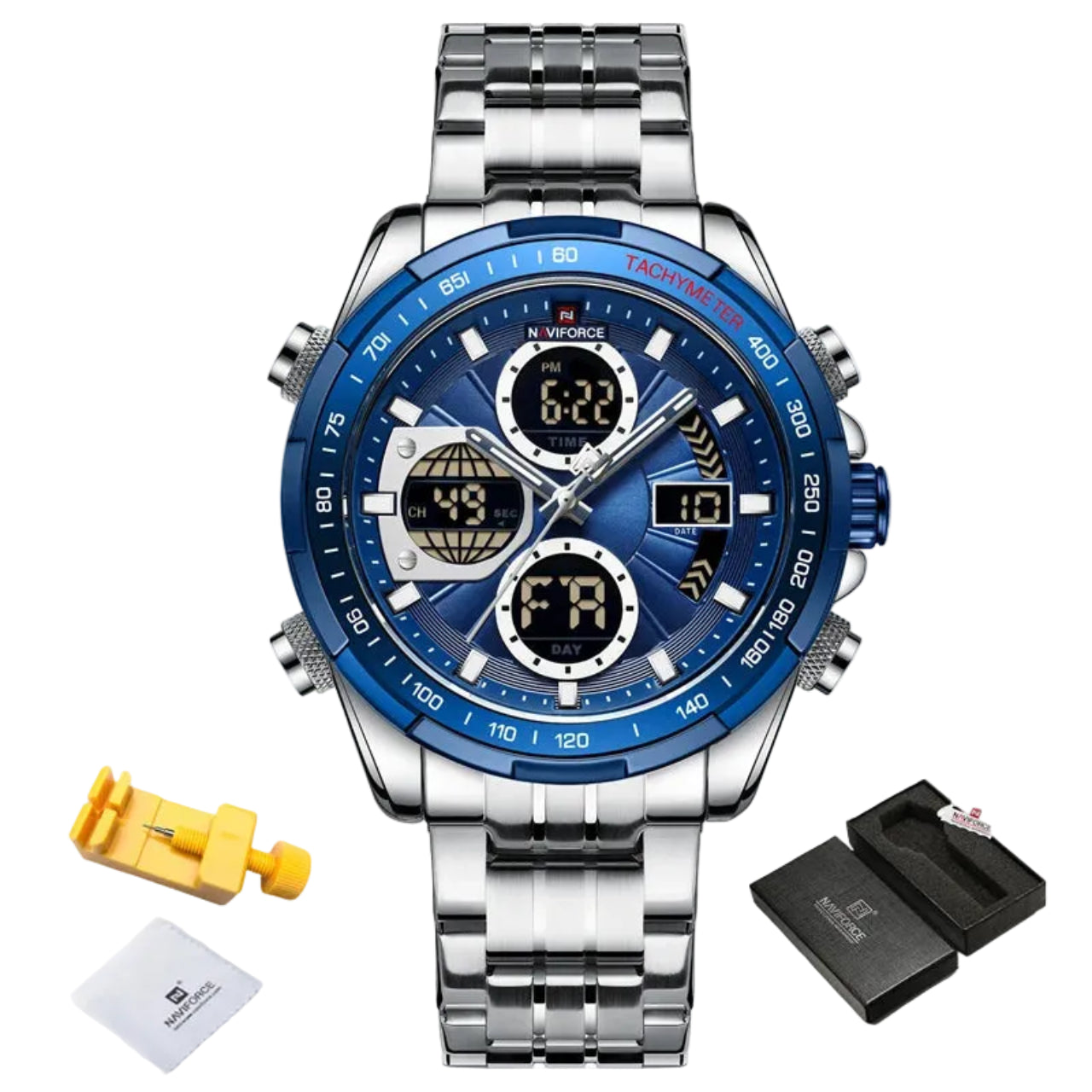 Relógio Masculino Naviforce NF9197S Dual Display Aço Inoxidável Sport