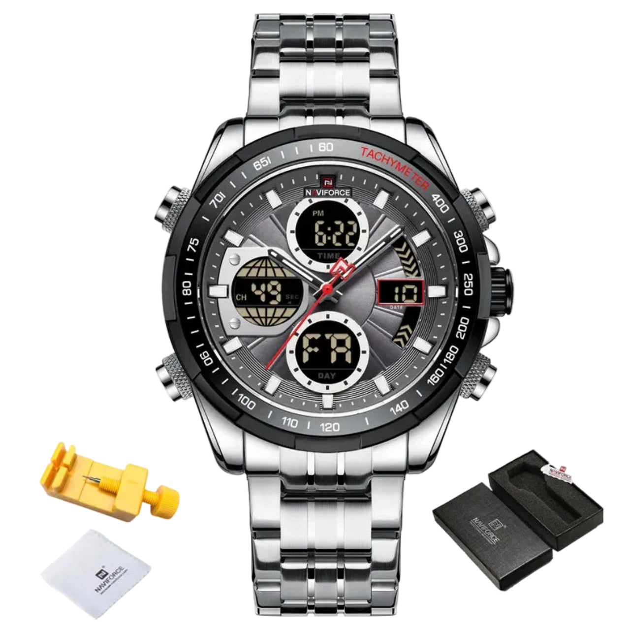 Relógio Masculino Naviforce NF9197S Dual Display Aço Inoxidável Sport