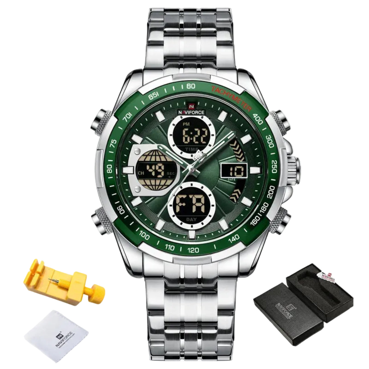 Relógio Masculino Naviforce NF9197S Dual Display Aço Inoxidável Sport